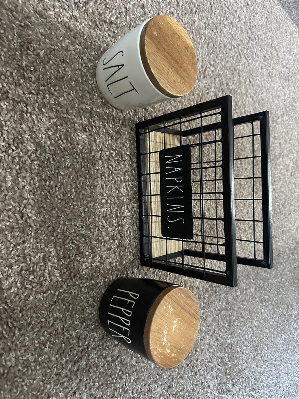 Rae Dunn Black & White Salt and Pepper Canisters with Black Napkins Wire Basket